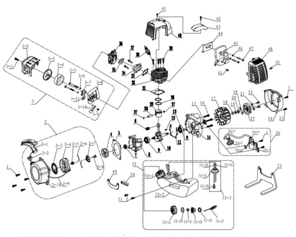 ЗАПЧАСТИ ДЛЯ ТРИММЕРА БЕНЗИНОВОГО ELITECH Т 43 (2016 ГОД) (ДВИГАТЕЛЬ)